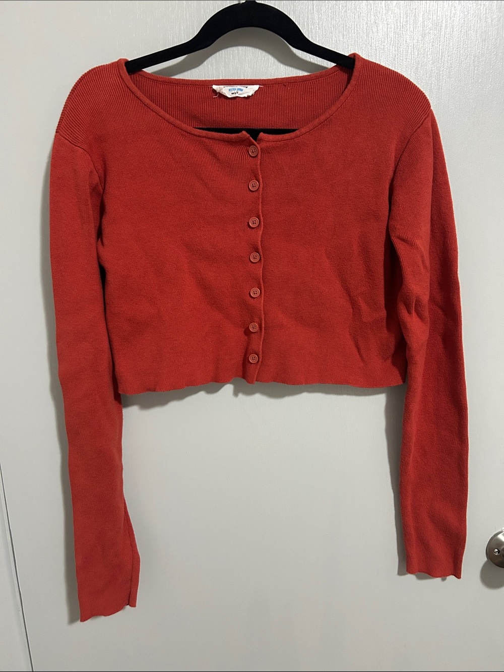 Y2K Ribbed Knit Cropped Cardigan in Rust Terracotta Orange